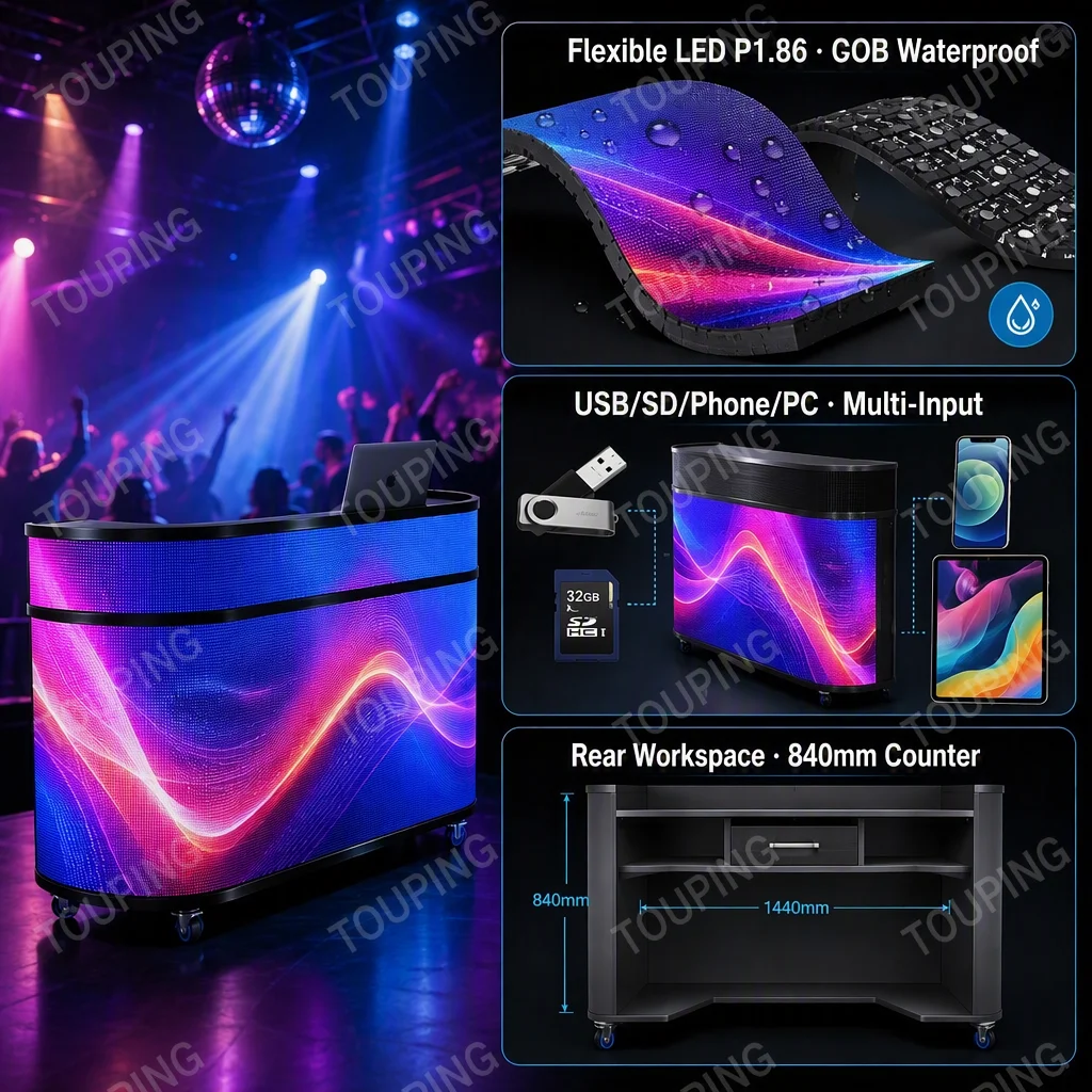 LED DJ Booth P1.86 Foldable Curved Flexible Led Screen 1000cd Brightness For Indoor/Outdoor Use Nightclub Exhibition Trade Show