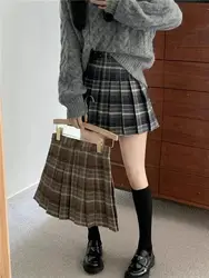 Retro Plaid Woolen  Skirt Women's plus Size Spring Checkered A-Line Short Skirts Korean Style High Waist Anti-Light