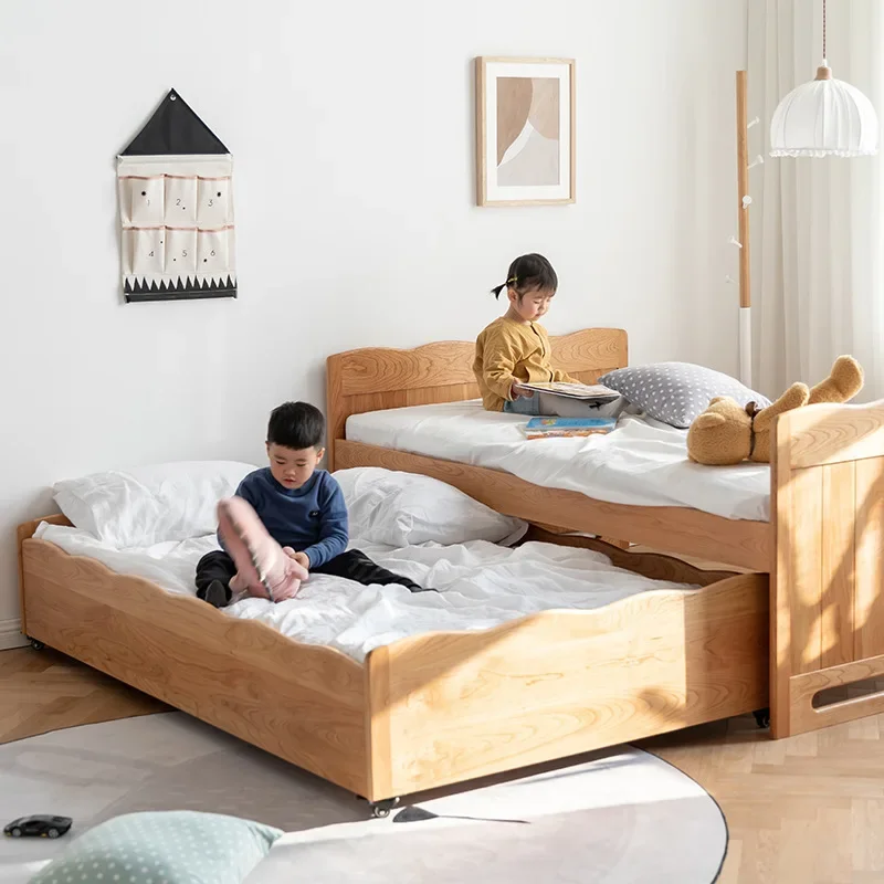 Nordic cherry wood all solid wood children's bed Japanese high and low mother and child bed log multi-functional minimalist