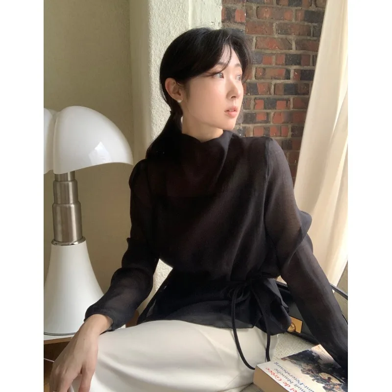 Elegant Long Sleeve Shirt Belted Waist High Collar Back Button Tie Design Two Piece Set French Style Loose Fit Thin Material