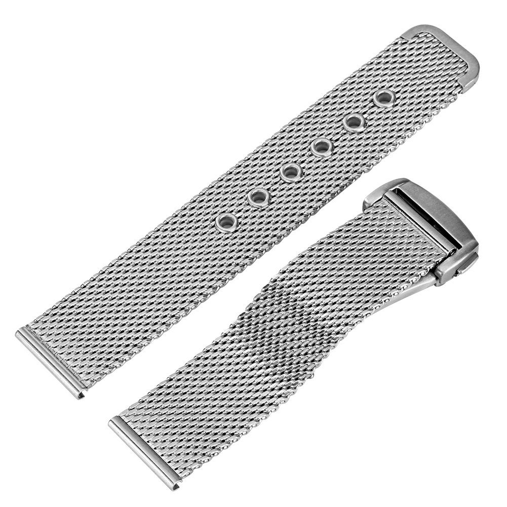 20Mm 22Mm Zilveren Mesh Armband Vouwsluiting Met Veiligheid Solid Link Mannen Vrouwen Roestvrij Stalen Band Horloge Band vervanging