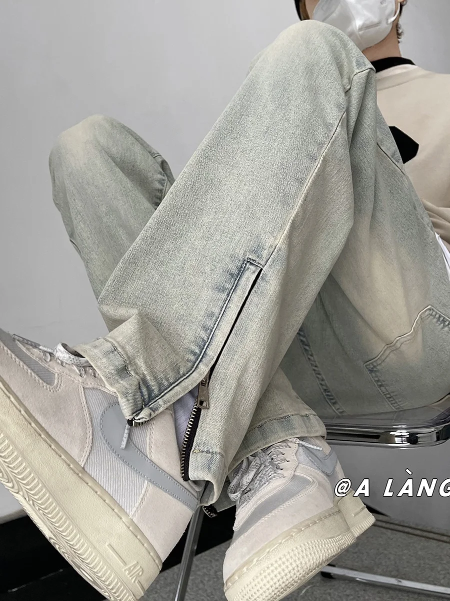 

Мужские джинсы в американском винтажном стиле, прямые, с разрезом на молнии, из хлопка со стрейчем, удобные, износостойкие, молодежный тренд, повседневные брюки