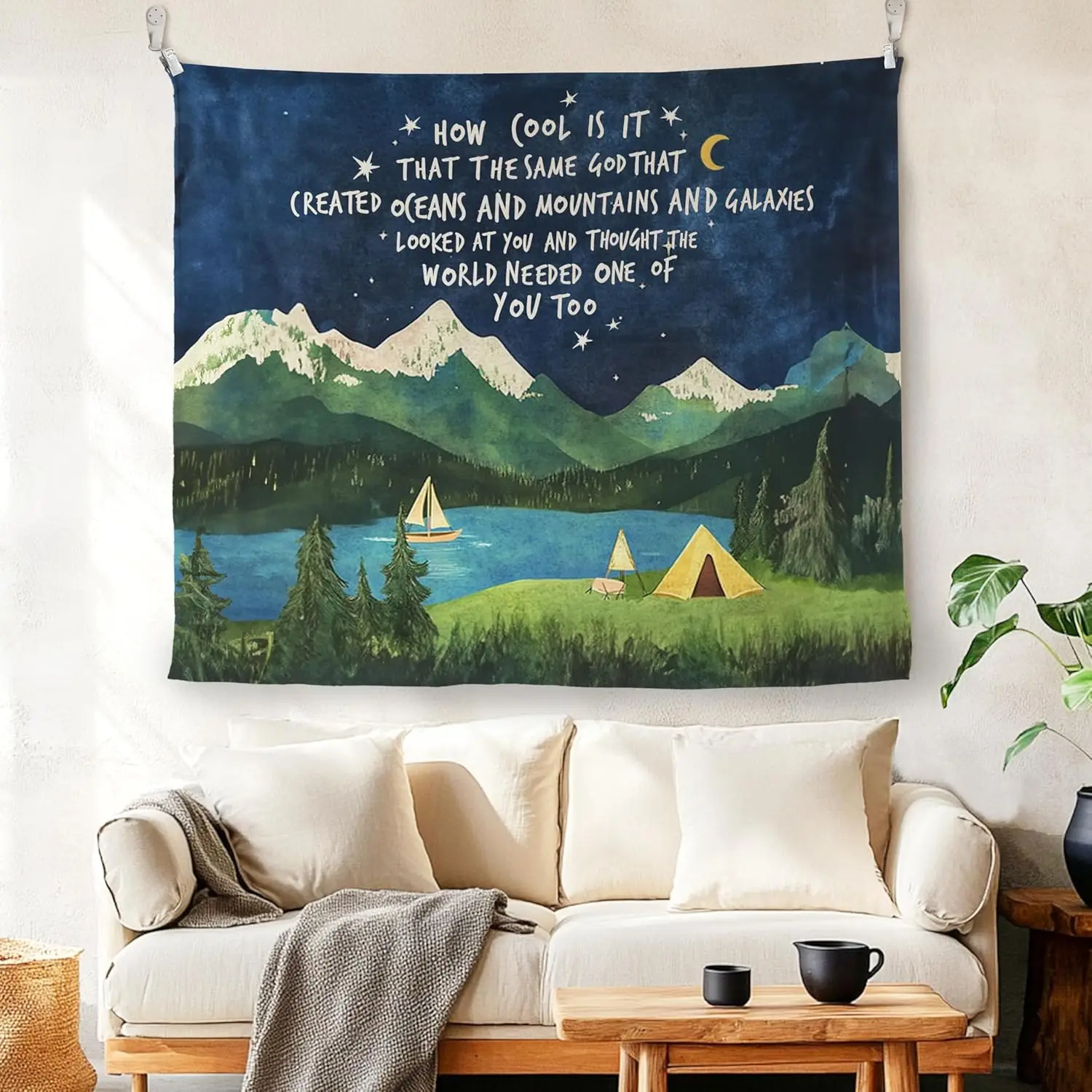 Celestial Galaxy Mountain Nature Tapestry Wall Hanging Boho Aesthetic Spiritual Home Decor Inspirational Ocean Art for Bedroom L