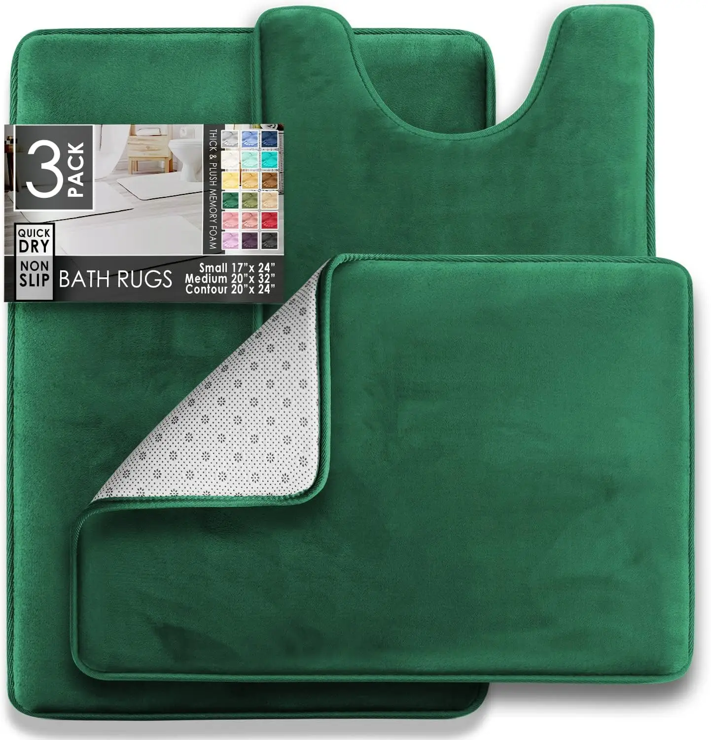 3 Piece Bathroom Rugs Set Velvet Memory Foam Bath Mats with Non-Slip PVC Backing for Bathroom Washable Quick Dry Green