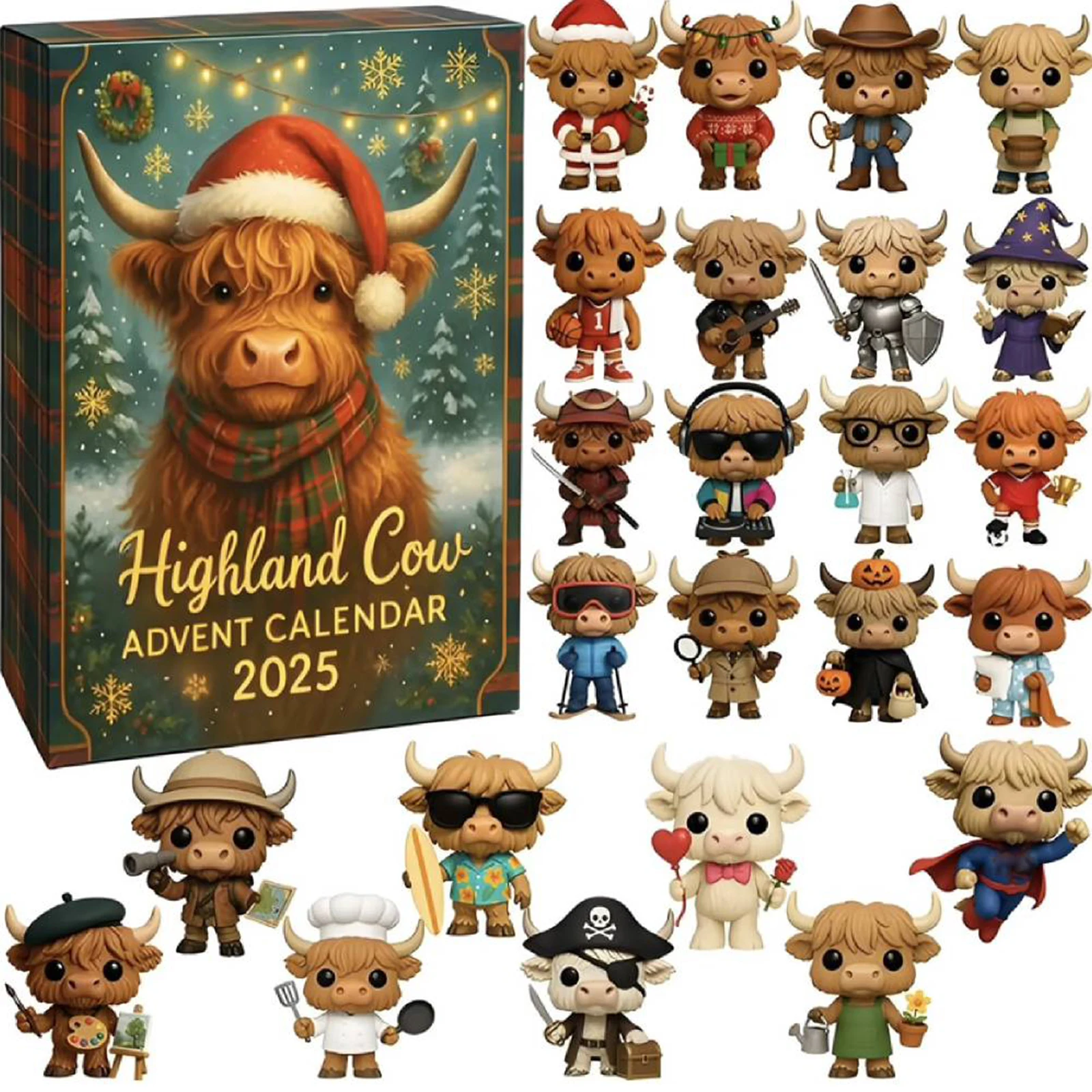 

D2 Christmas Highland Cow Advent Calendar 24 Days Christmas Countdown Calendar 3D PVC Highland Cow Ornaments Xmas Christmas Gift