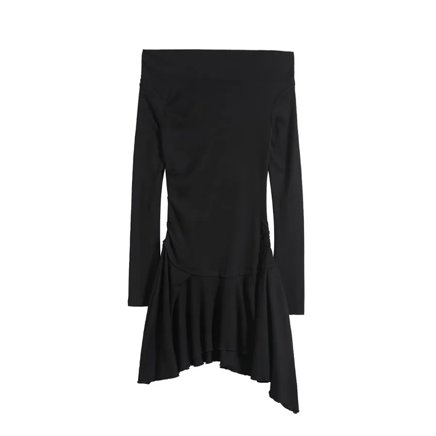 Vestido negro de manga larga para mujer, minivestido Sexy con cuello de barco, ajustado, informal, ropa Y2k, otoño