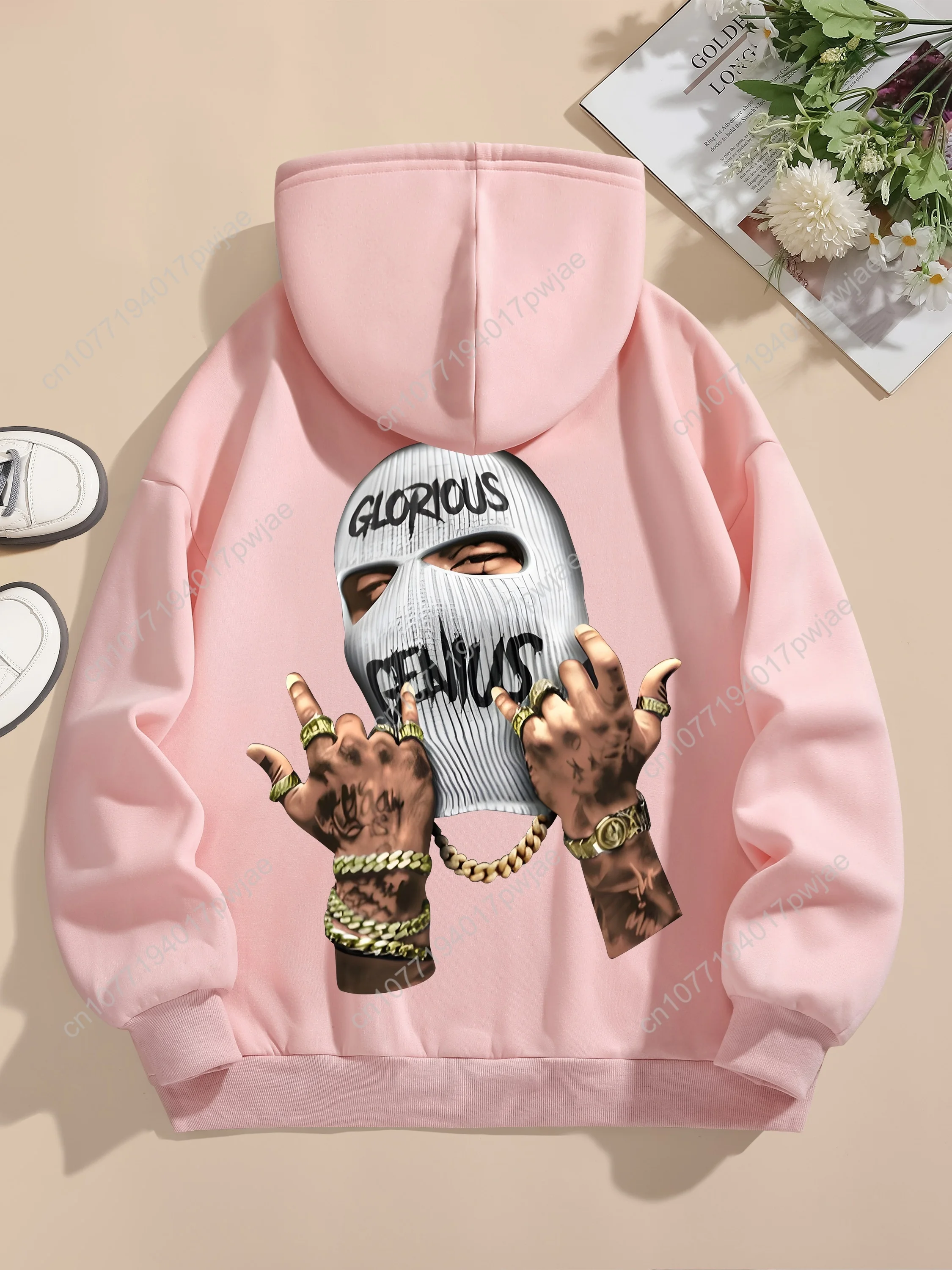 Bluza z kapturem z nadrukiem portretu, codzienna, z długim rękawem, z kieszenią typu kangur, odzież damska