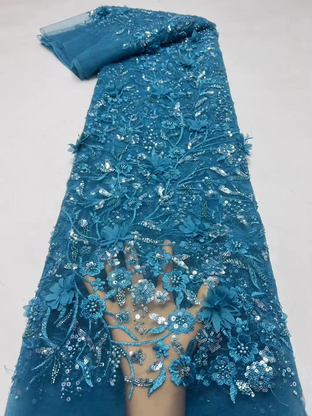 

Luxury Elegant Handmade Embroidery Tulle Beaded Lace 2024 High Quality African Sequins Lace Fabric For Wedding Sewing