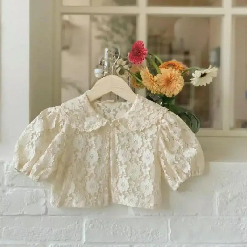 2026 Summer New Baby Girl Short Sleeve Coat Sweet Girls Lace Hollowed Out Cardigan Solid Infant Thin Lapel Coat Toddler Clothes