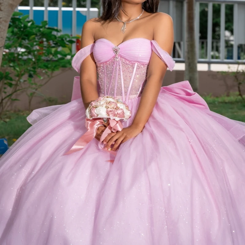 

Pink Shiny Quinceanera Dresses Ball Gown Off The Shoulder Beads Bow Tull Corset Party Birthday Sweet 16 Dress vestidos 15 Anos