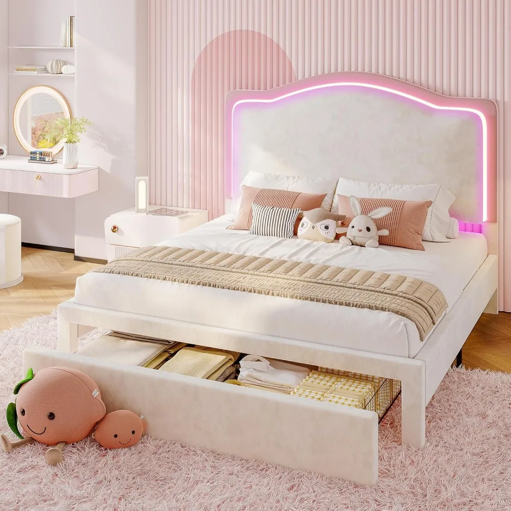 

LED Bed Frames with Storage Drawer, Upholstered Platform Bed with Adjustable Headboard, No Box Spring Needed, Easy Assembly