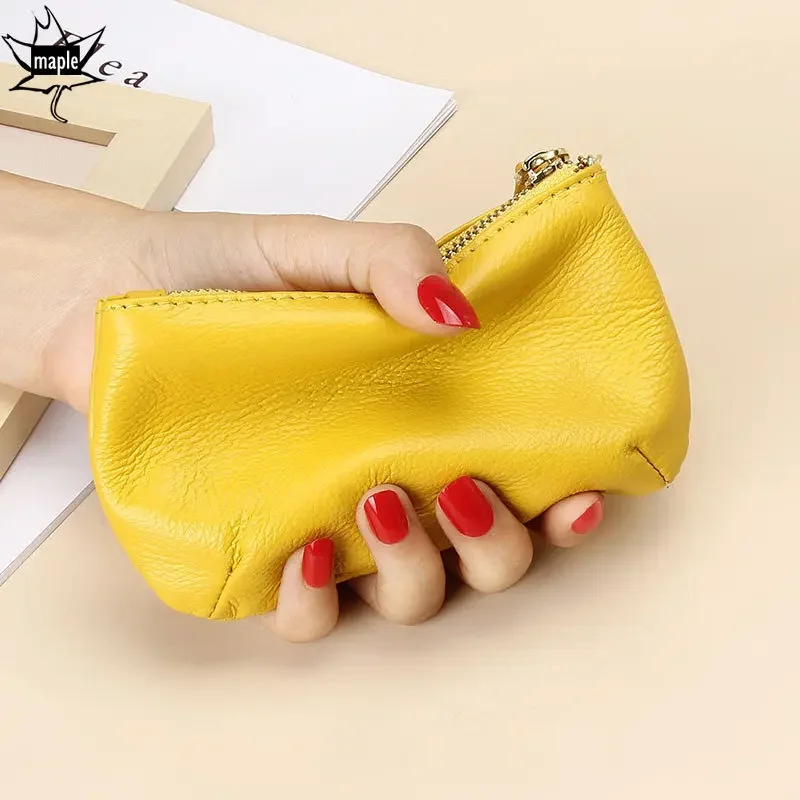 Yellow One Zip Short Wallets Mini Card Cash Holder 100% Natural Cowhide Leather Women Wallet Clutch Coin Purse Small Pouch