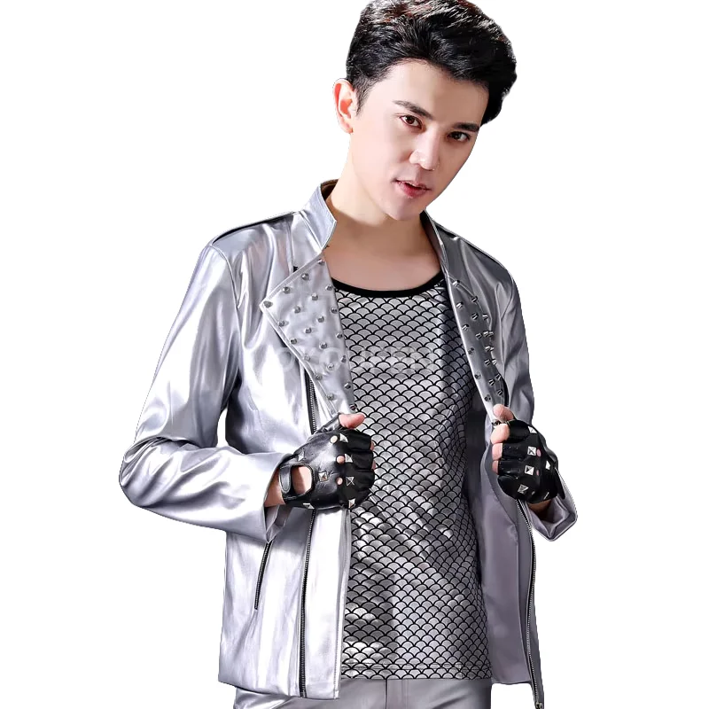 Personality Korean Silver Rivets Jacket Hiphop Jazz Dance wear Nightclub Bar Male Singer Host Stage Costume