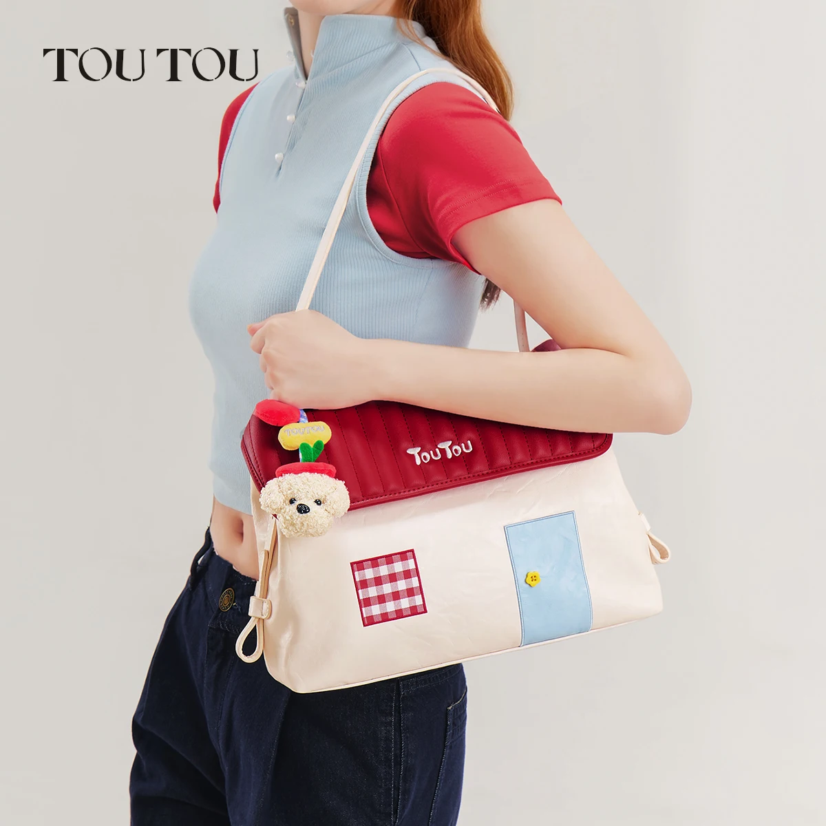 toutou Cute Plaid Shoulder Bag, Casual Crossbody Tote with Dog Charm, Adjustable Strap women bags