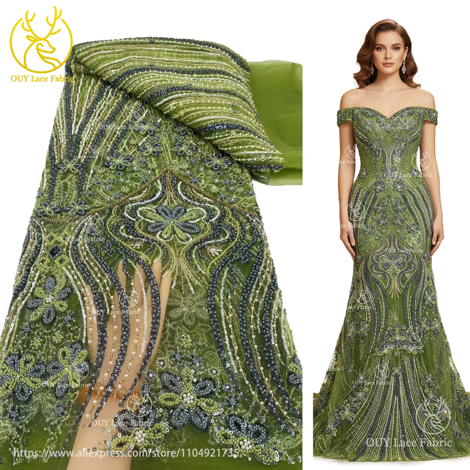 

African Sequins Groom Beaded Lace Fabric 2025 High Quality Nigerian French Bridal Tulle Lace Wedding Party Dress Fabric Sewing