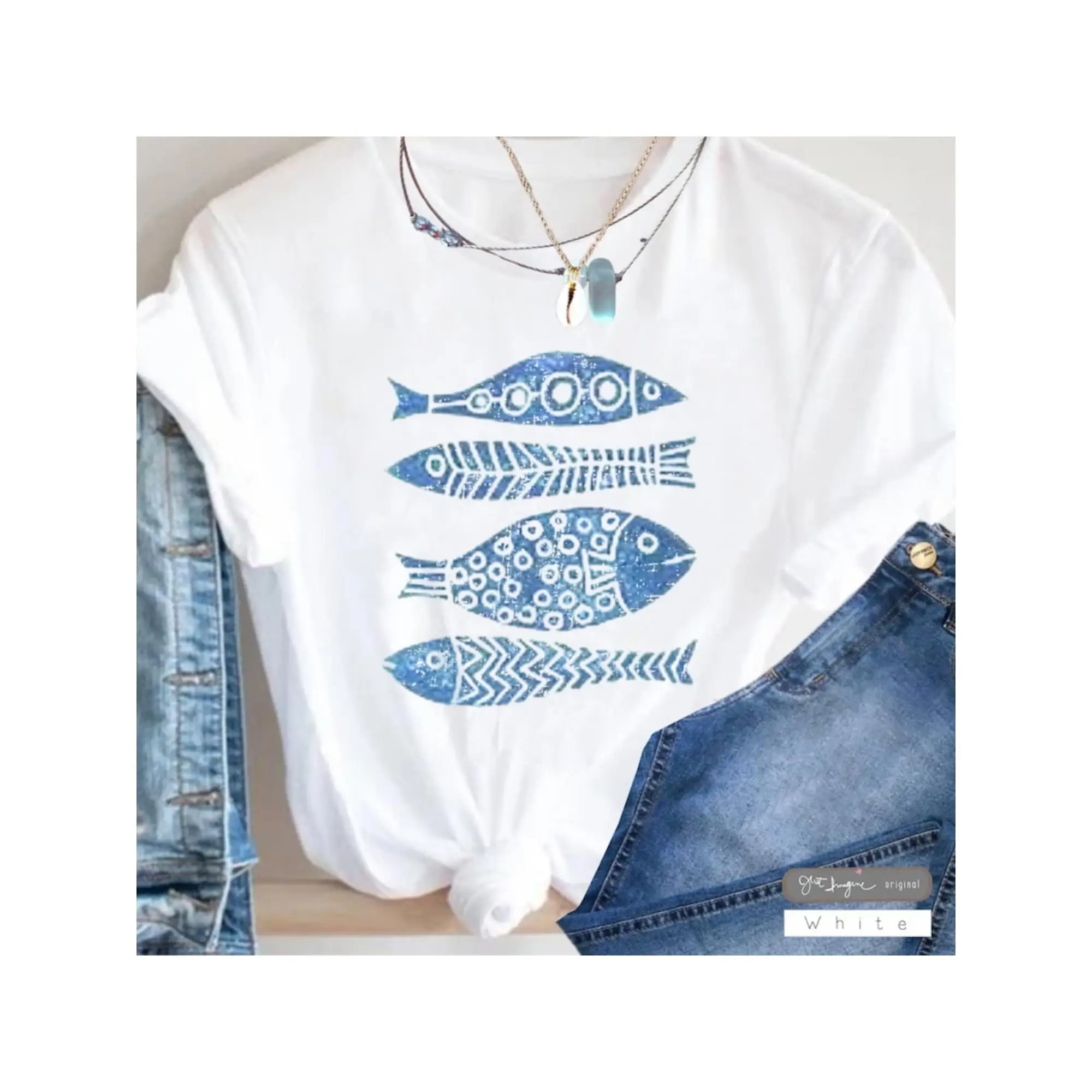 

Women's 100% Graphic Fish Print T-Shirt - Casual Crewneck Tee with Blue Fish Design, Lightweight & Breathable for Summer