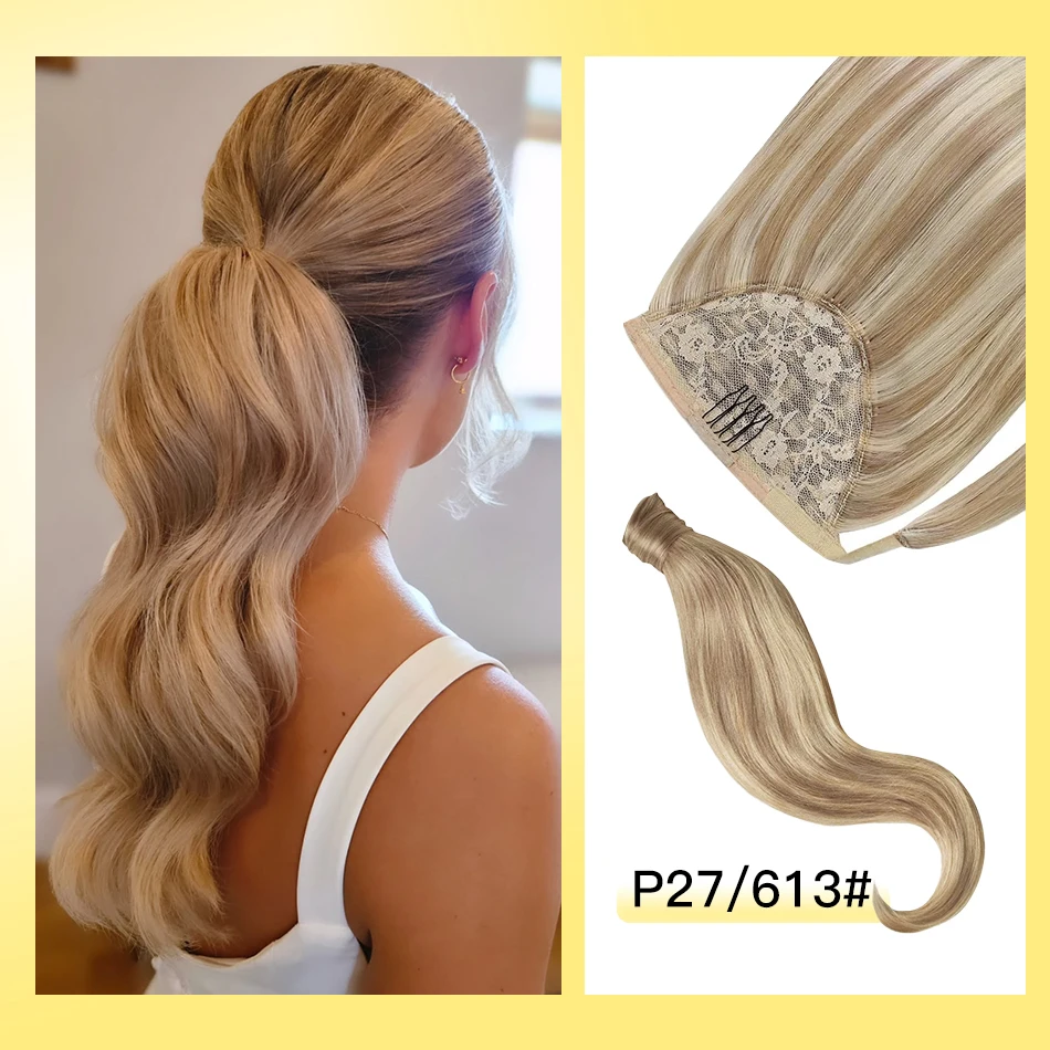 Yelo Human Hair Ponytail Wrap Around Clip in Hair Piece Ponytail Extension Straight Ponytail Human Hair With Magic Paste