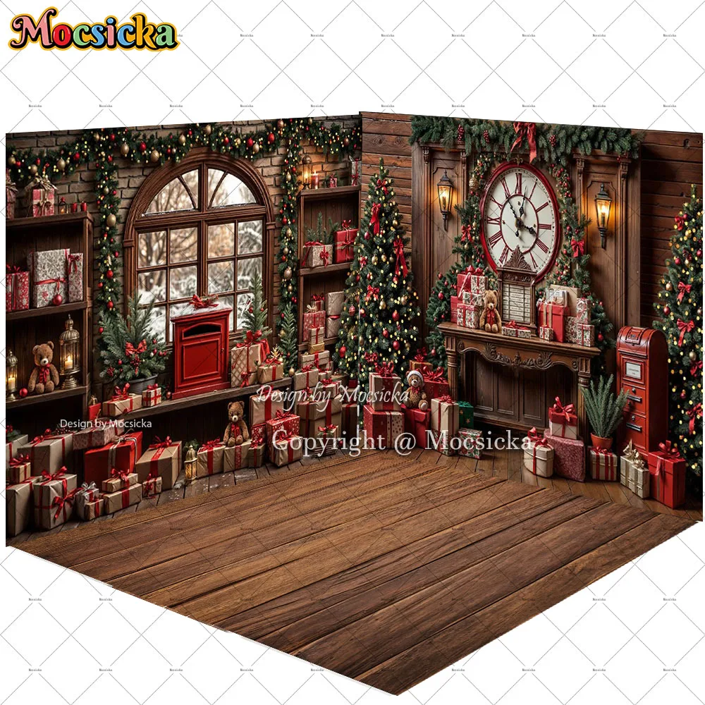 Mocsicka Weihnachten Mail Zimmer Hintergrund Fotografie Santa's Geschenk Werkstatt Uhr Fenster Hintergrund Winter Kind Geburtstag Foto Studio