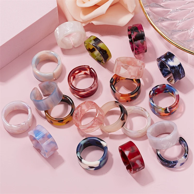 Colorful Transparent Resin Acrylic Rings Set for Women Korean Style Tie Dye Geometric Round Open Ring Simple Trendy Jewelry Gift