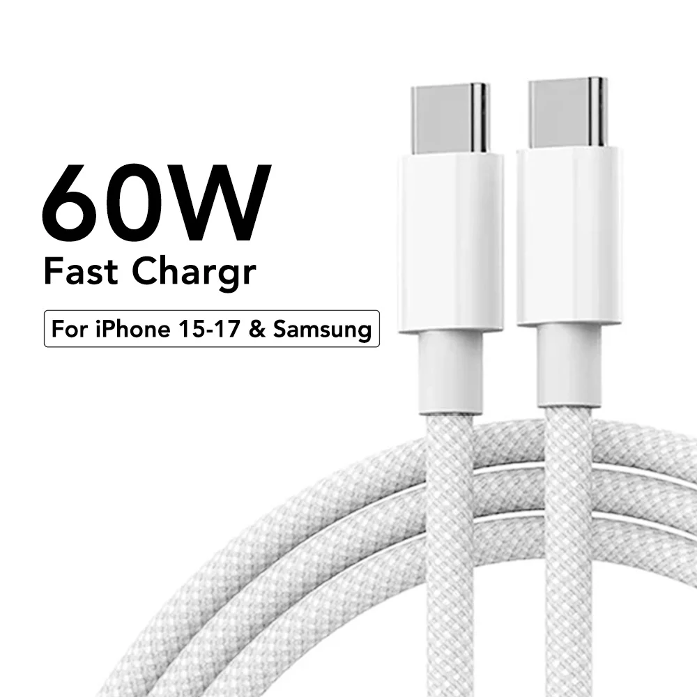 60W Schnellladekabel aus Nylon, geflochten, USB-C auf Typ-C, farbig, PD, für iPhone 13 14 Pro Max 11 12 XR XS Max Plus Samsung, Datensynchronisation
