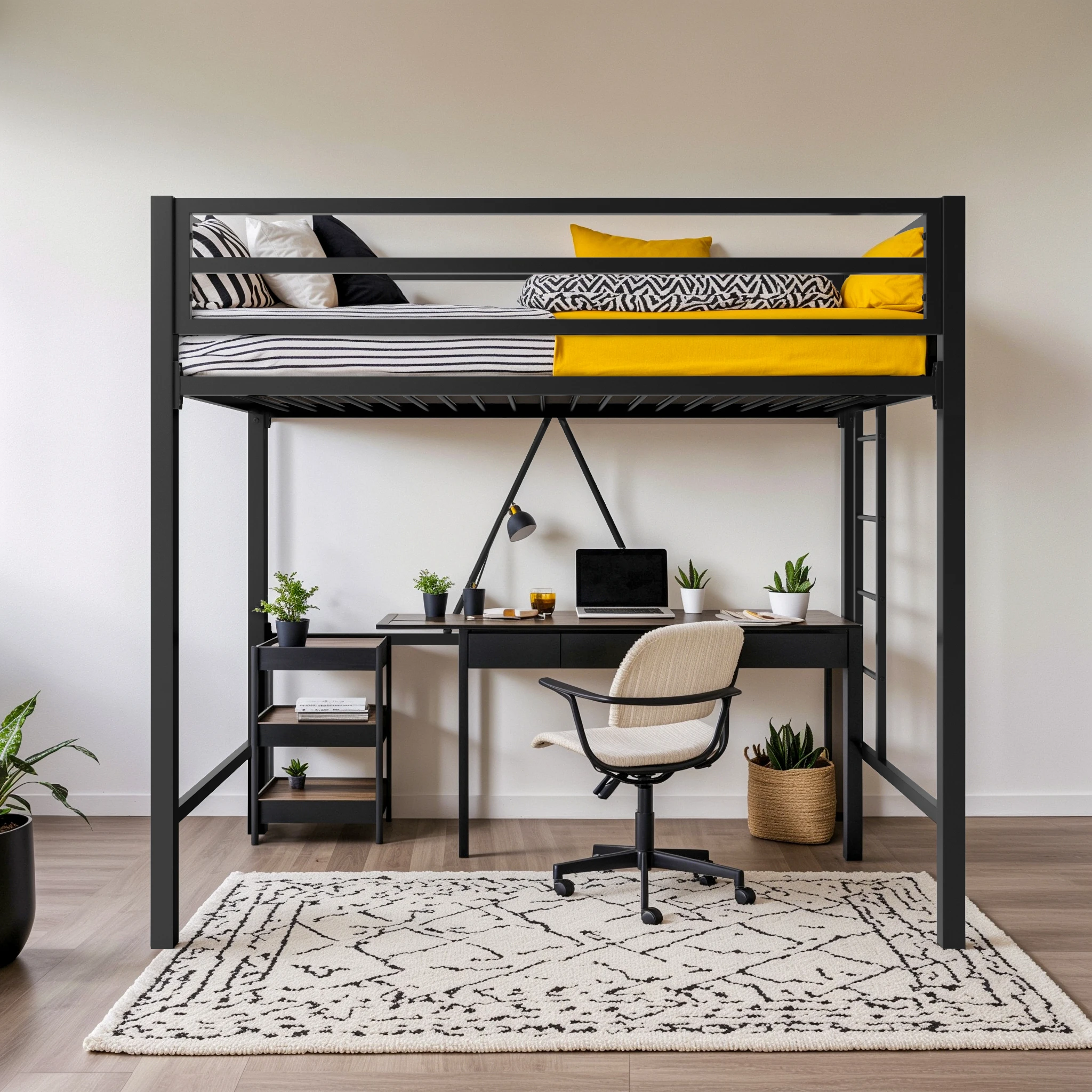 HOOMIC Modern Twin Size Metal Loft Bed Frame with Full-Length Guardrail, Removable Ladder, Space-Saving Design Allewie