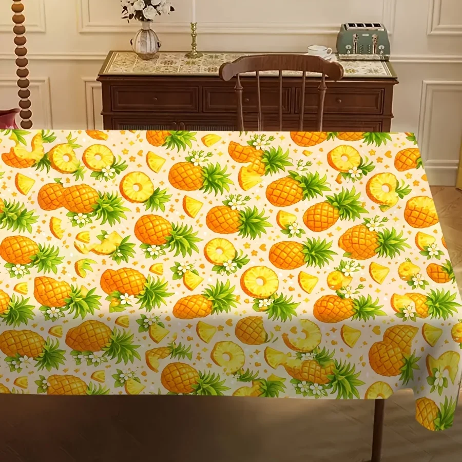 Tropical fruit pineapple printed tablecloth, featuring a fresh yellow-green pineapple and floral design.xzj