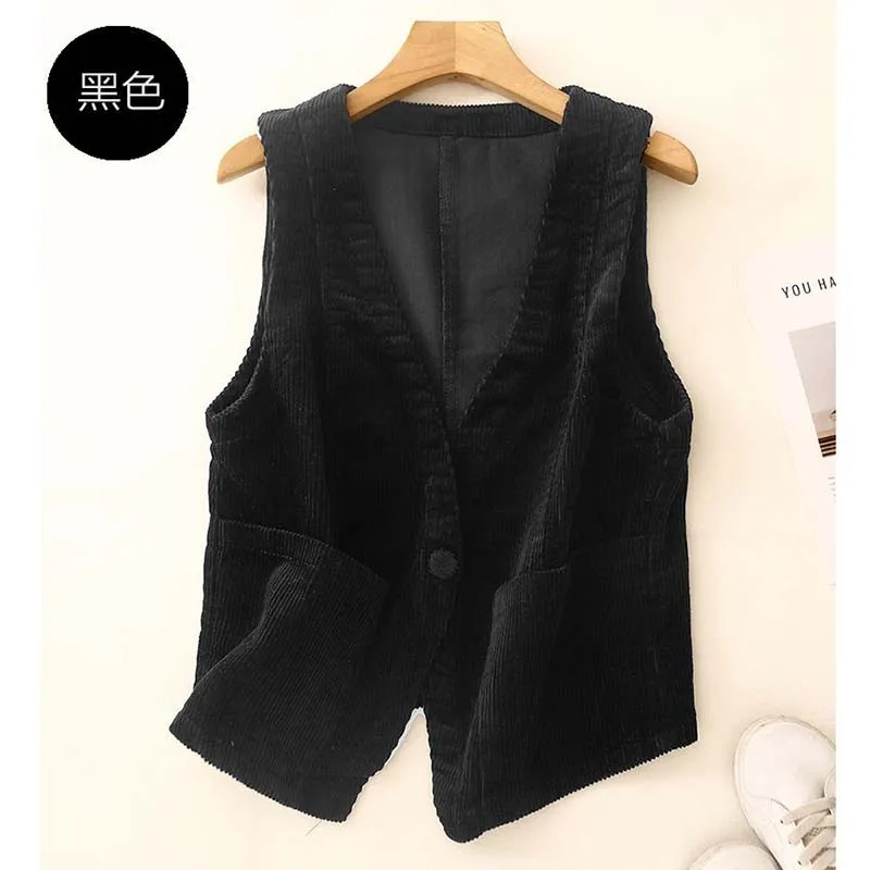 2026 Spring Black Coffee Khaki Corduroy Vest Women Vintage V-neck Sleeveless Suit Jacket Coat Elegant Lady Waistcoat Cover Ups