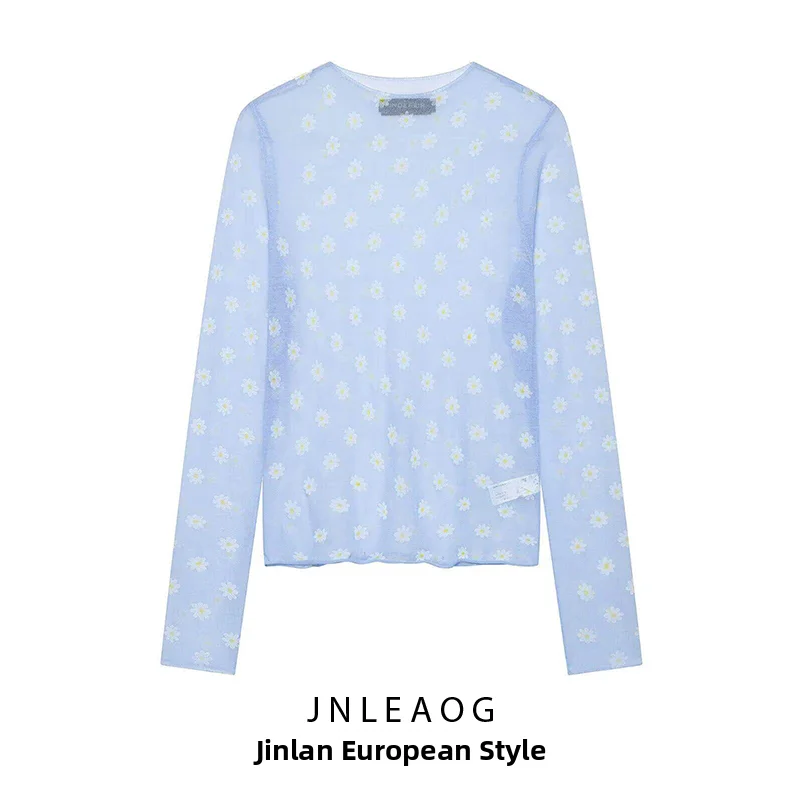 JNLEAOG Summer New Women's Knitted Flower Semi-Transparent Fashion Top Elegant Style Long Sleeve round Neck Polyester Fiber