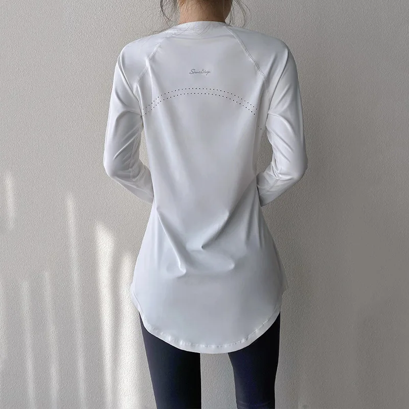 Autumn and Winter Long Hip Covering Slimming Style Beautiful Back Breathable Yoga Suit Long Sleeve Running Fitness Sportswear T-