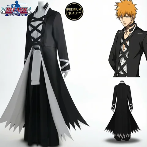 BLEACH Cosplay Costume Ichigo Anime BLEACH Kurosaki Ichigo Cosplay Costume Japanese Manga Cosplay Black and White Outfit Halloween Role Play Uniform for Men