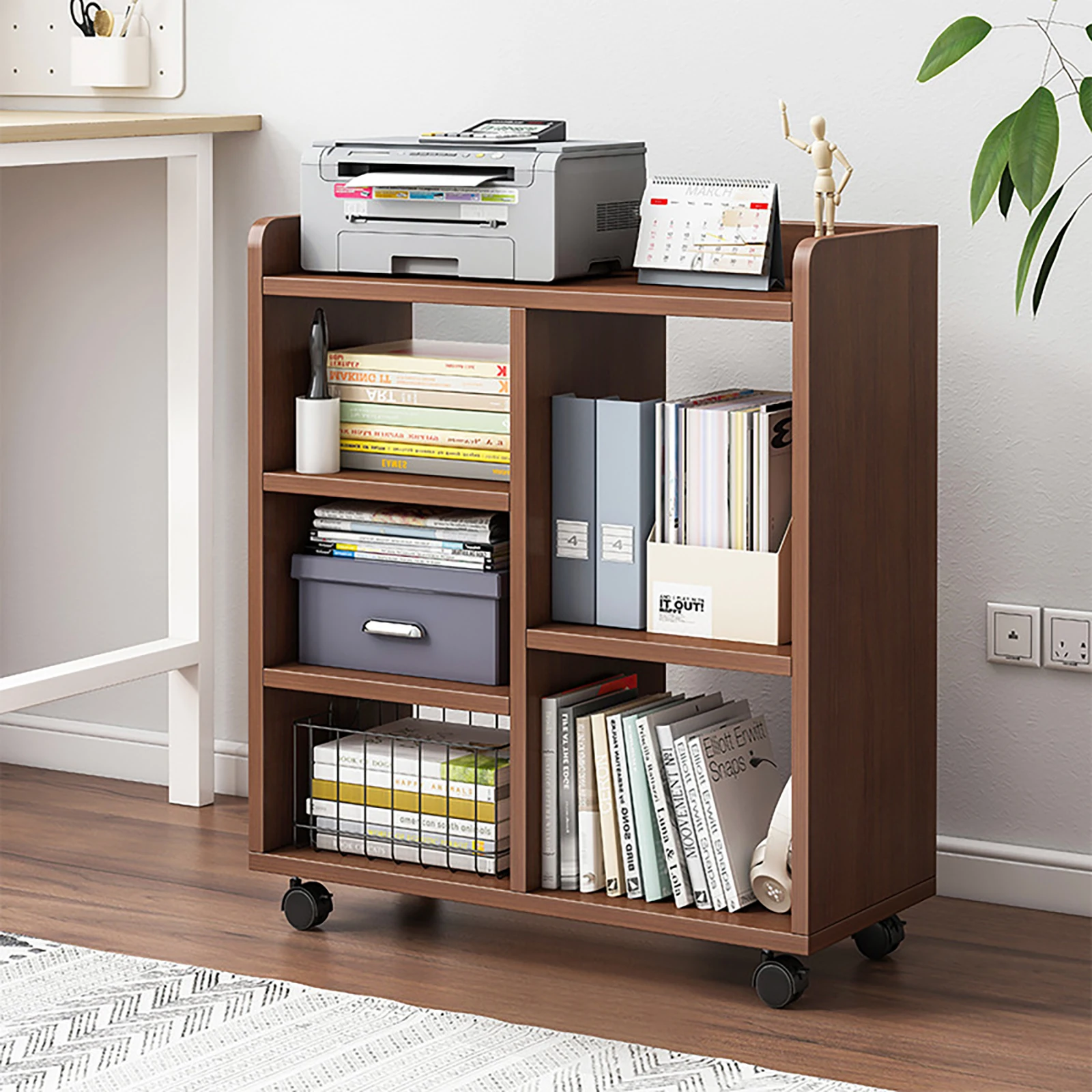 

MDF, Plastic Dark Walnut Modern Rectangular Floor Stand Filing Cabinet, Storage Shelf, Mobile Printer Stand