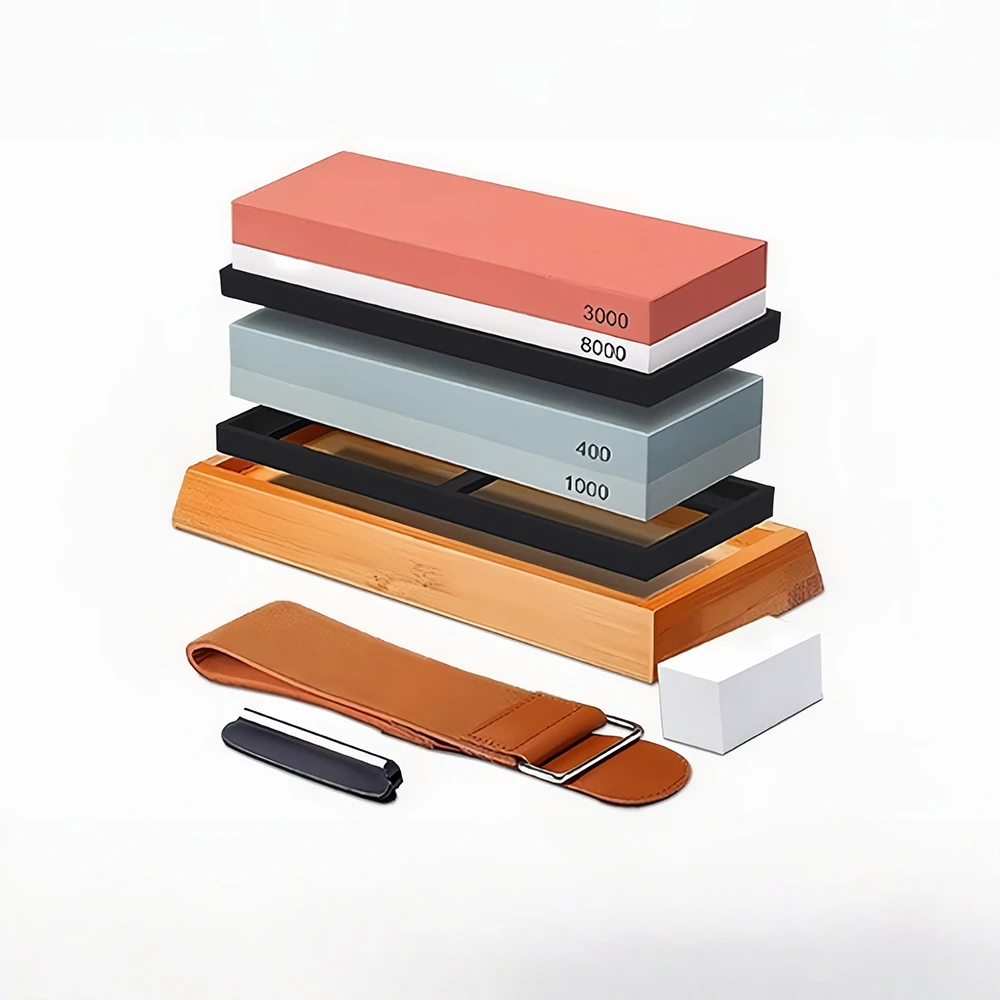 Sharpening Stone Kit, Double Side Whetstone with 400/1000 3000/8000 Mesh White Corundum Millstone for Kitchen Knife and Scissors