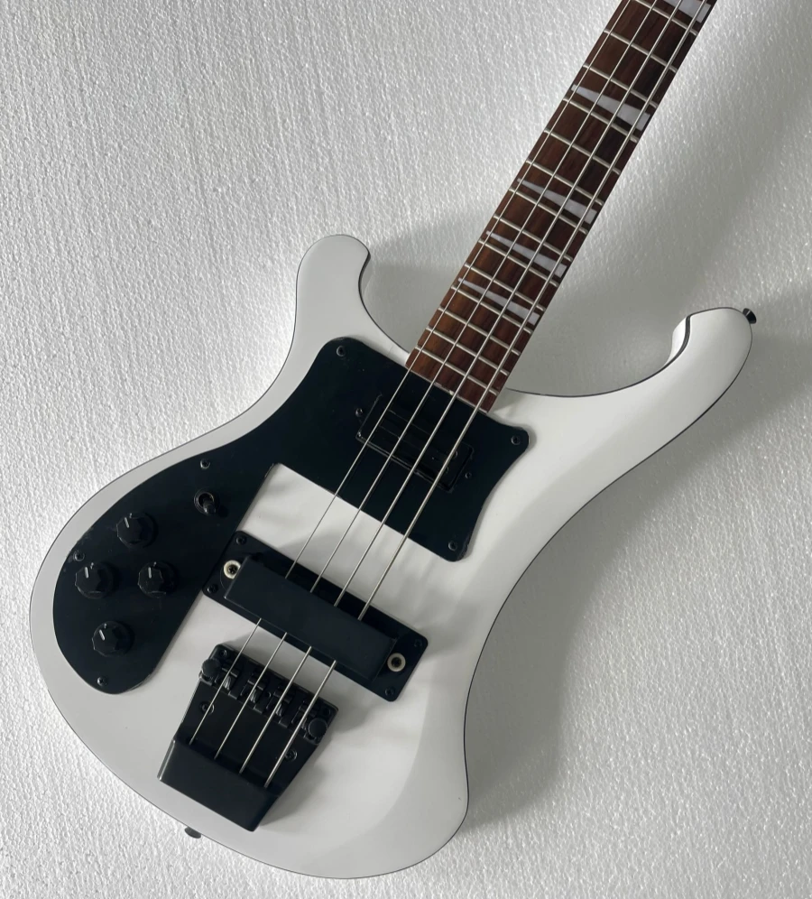 Flyoung Left Handed Milk White Electric Bass Guitar with Black Accessories,Offer Customize