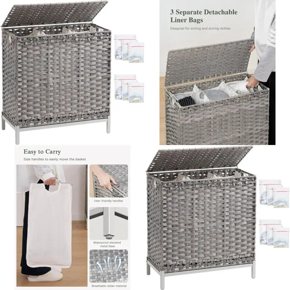 

Корзина для белья из ротанга объемом 132 л с крышкой и 3 съемными сумками-вкладышами, серая