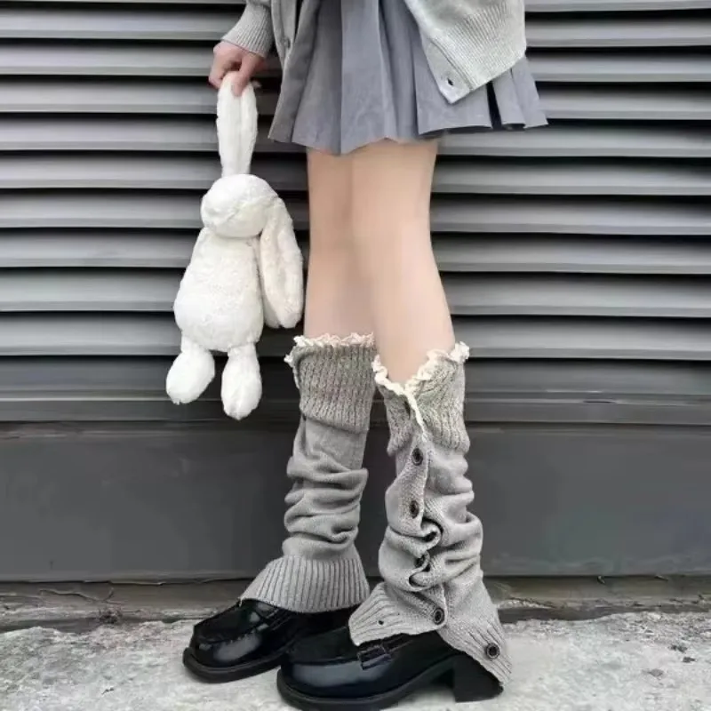 JK Girls Leg Sock Set Lolita Button Lace Warm Sock Set New Button Lace Sock Set Straight Knitted Leg Warmers
