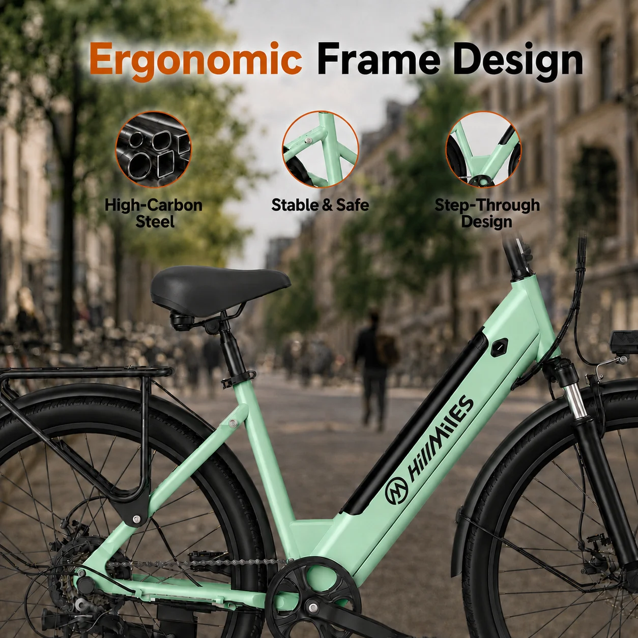 HillMiles MileCity 1 Bicicleta Eléctrica de 26", 250W 38Nm 36V13Ah Batería Extraíble, Autonomía de Hasta 80–100 Km, 7 Velocidades, Suspensión Delantera, Freno de Disco Mecánico, Bicicleta Eléctrica Urbana, 25km/h EPAC.