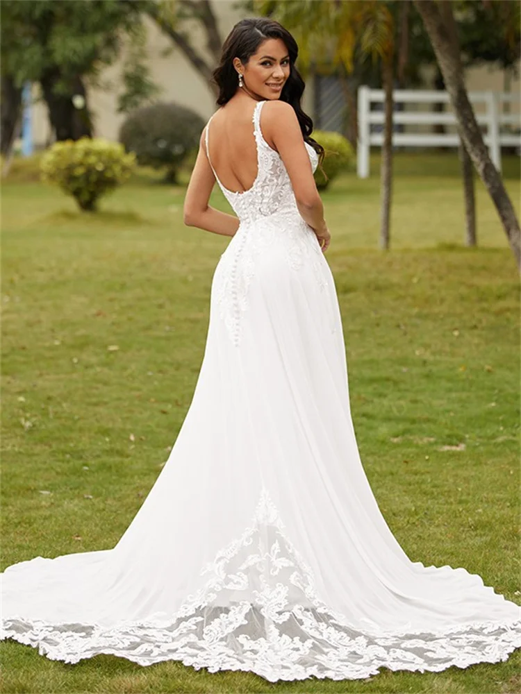 Robe de mariée princesse en mousseline de soie, ligne a, col en v, sans manches, avec traîne, élégante, couleur unie, Simple, pour dames