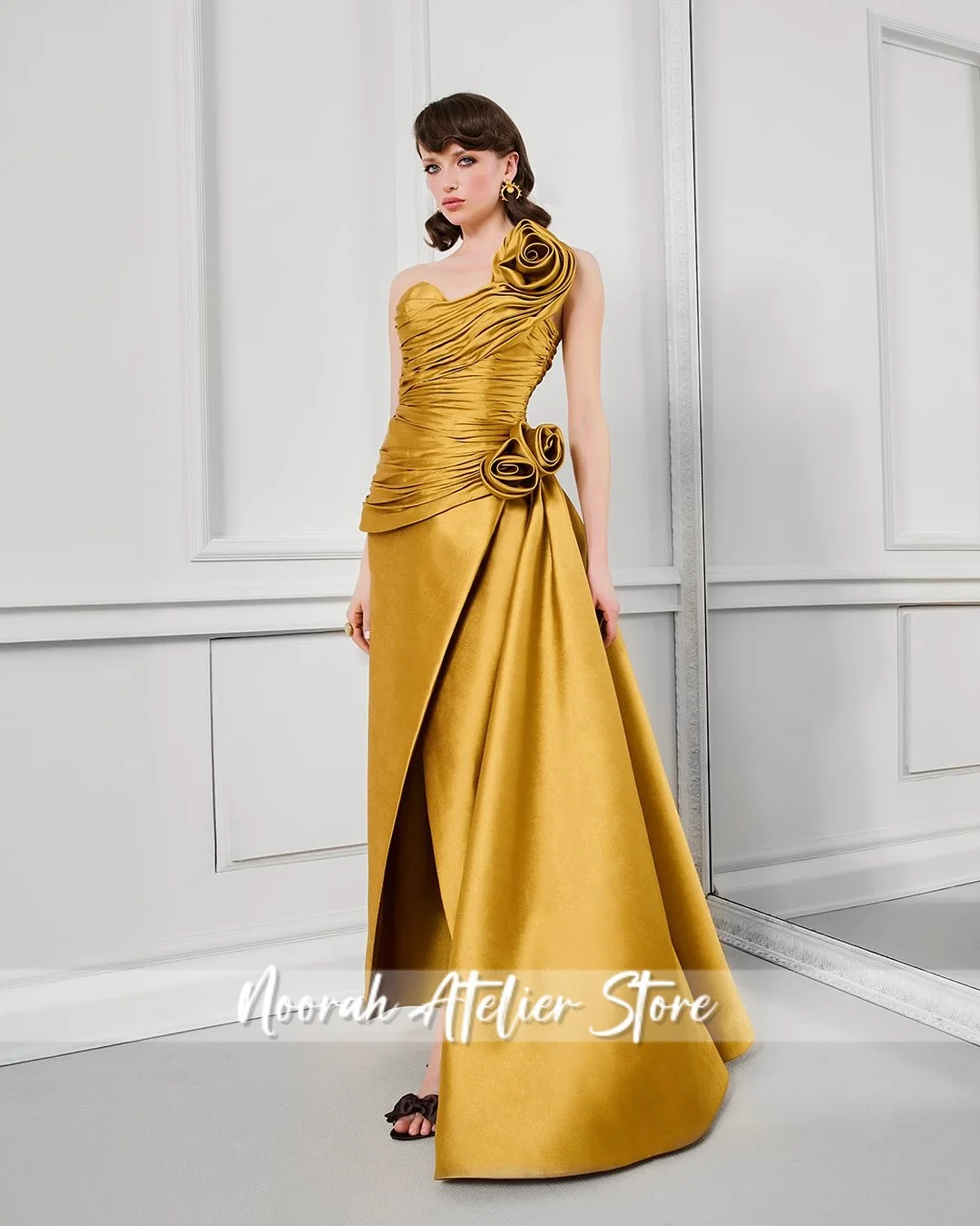 New Yellow One Shoulder Peplum Satin Flower Luxury High Quality Women Slit Evening Dress 2025 Wedding Long Party Gown Customized