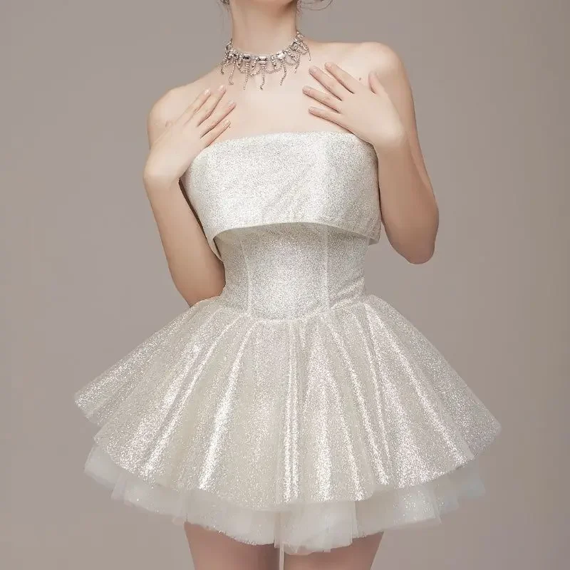 

French Ballet Shimmering Strapless Dress with Summer Bows, Slimming Tutu Skirt Dress for Women