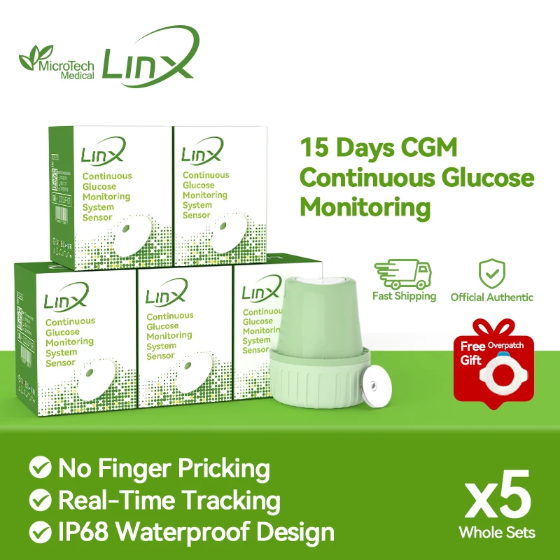 5 Sets de Sensores MicroTech LinX CGM para Medidor de Glucosa en Sangre, Sin Pinchazos, Prueba de Azúcar en Sangre, Control de Diabetes