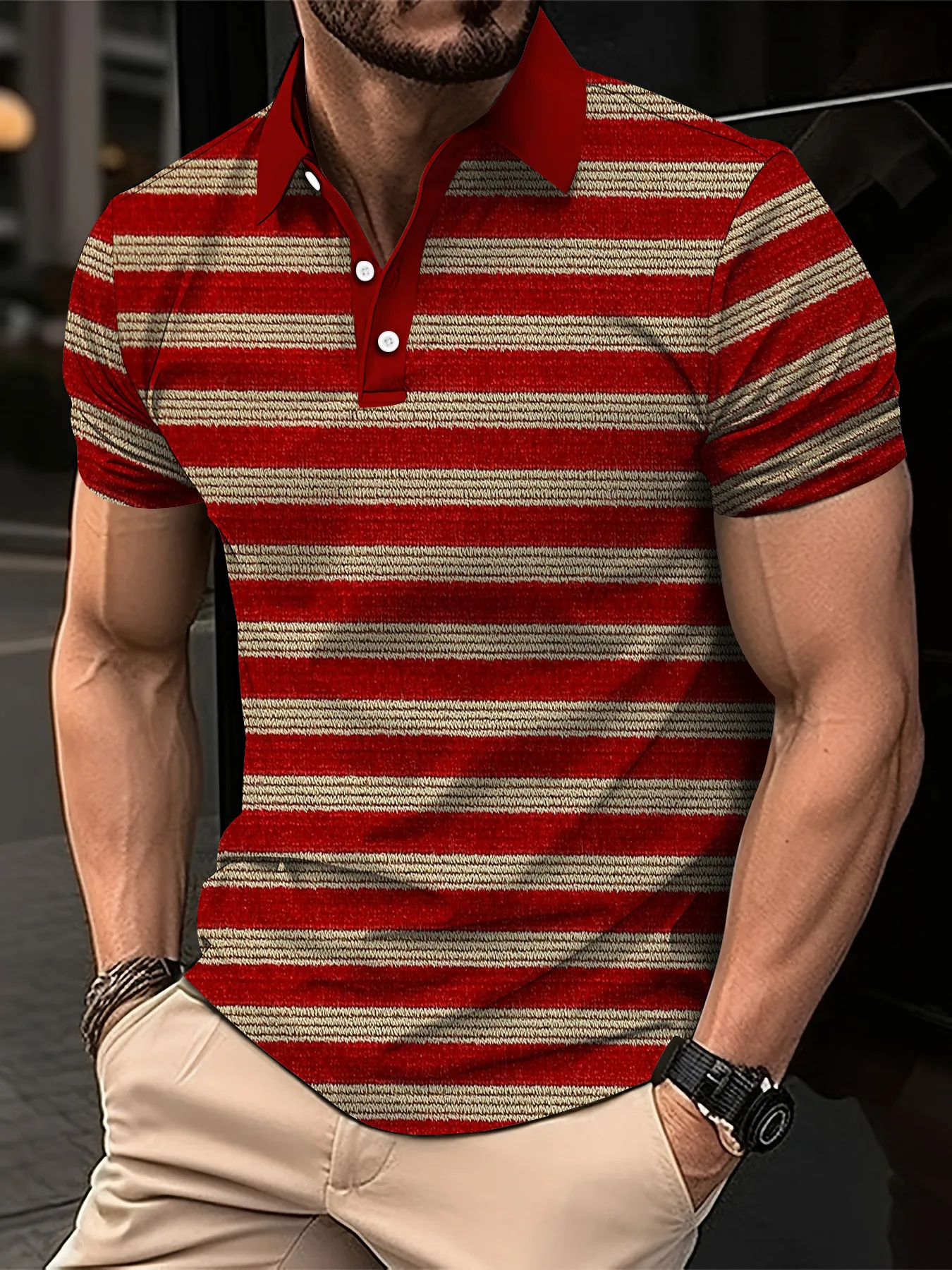 2024 New Men\'s Summer Short Clothes Sleeved Lapel 3D Digital Printed Striped Polo Shirt Men\'s Business Casual Top Clothes