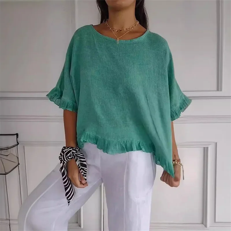 Women Solid Color Cotton Linen Half Sleeve Ruffle Hem Shirt O Neck Pullover Loose Blouse Summer Korean Daily Casual Female Tops