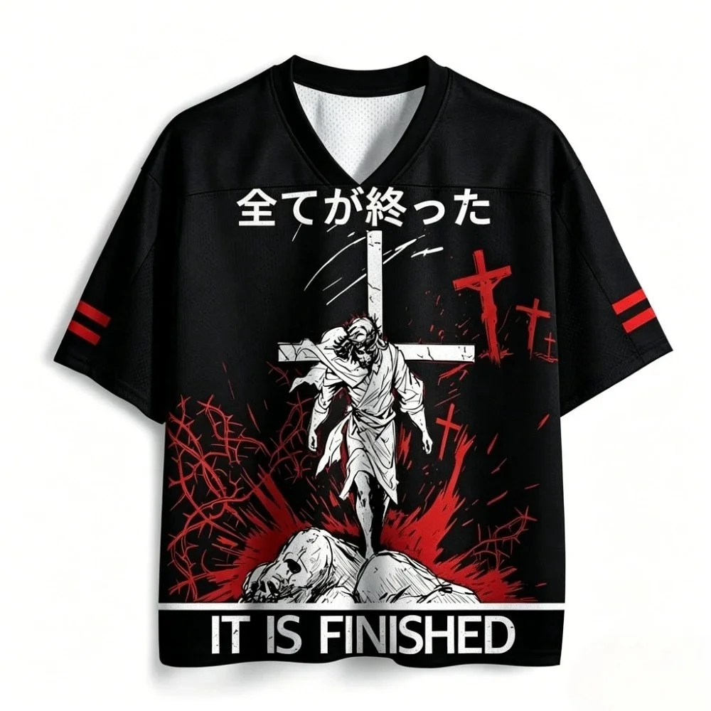 2026 New Trendy Gothic Jesus Christ Anime Print V-Neck Breathable T-Shirt,Suitable for Adults and Children,Parent-Child Matching