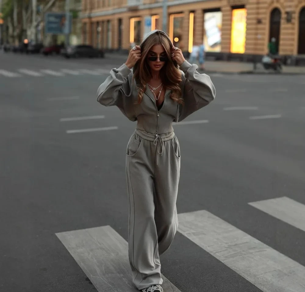 

Waist Cinching Hoodie with Tie up Pants Two Piece Set Women's Comfortable Fit Autumn Collection