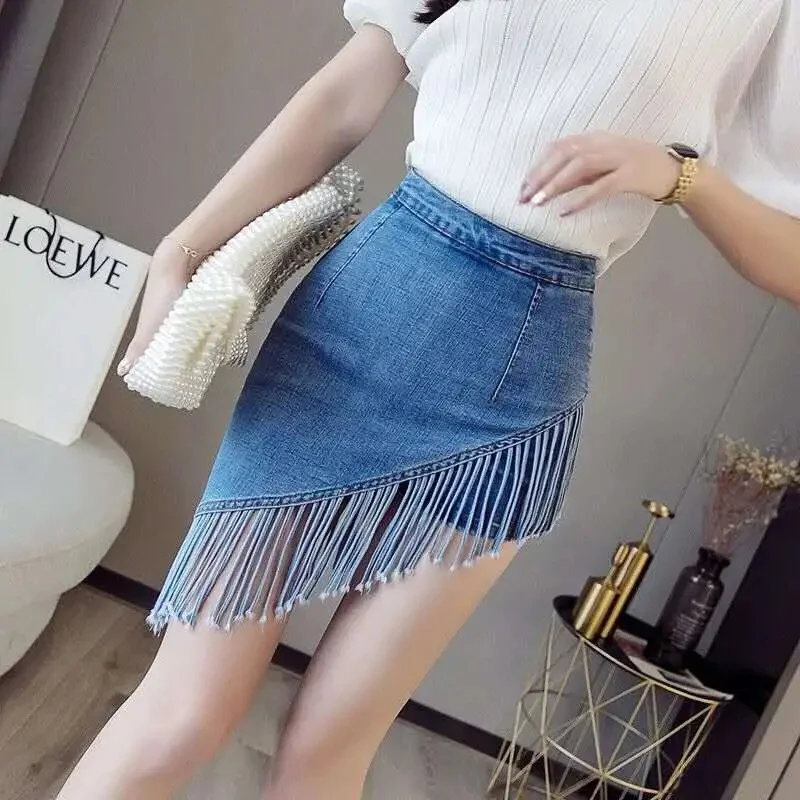 

2024 New Tassel Denim Skirt Skirt Women's Trousers Skirt Bag Hip Spring And Summer Korean Fake Two-Piece Lined Skirt