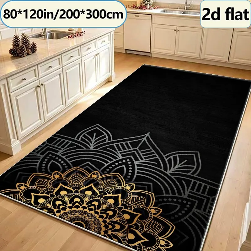 Black Background with Gold and Silver Mandala Pattern Carpet, Luxurious Bohemian Style Carpet, Suitable for Living Room, Bedroom, and Home Floor Decoration