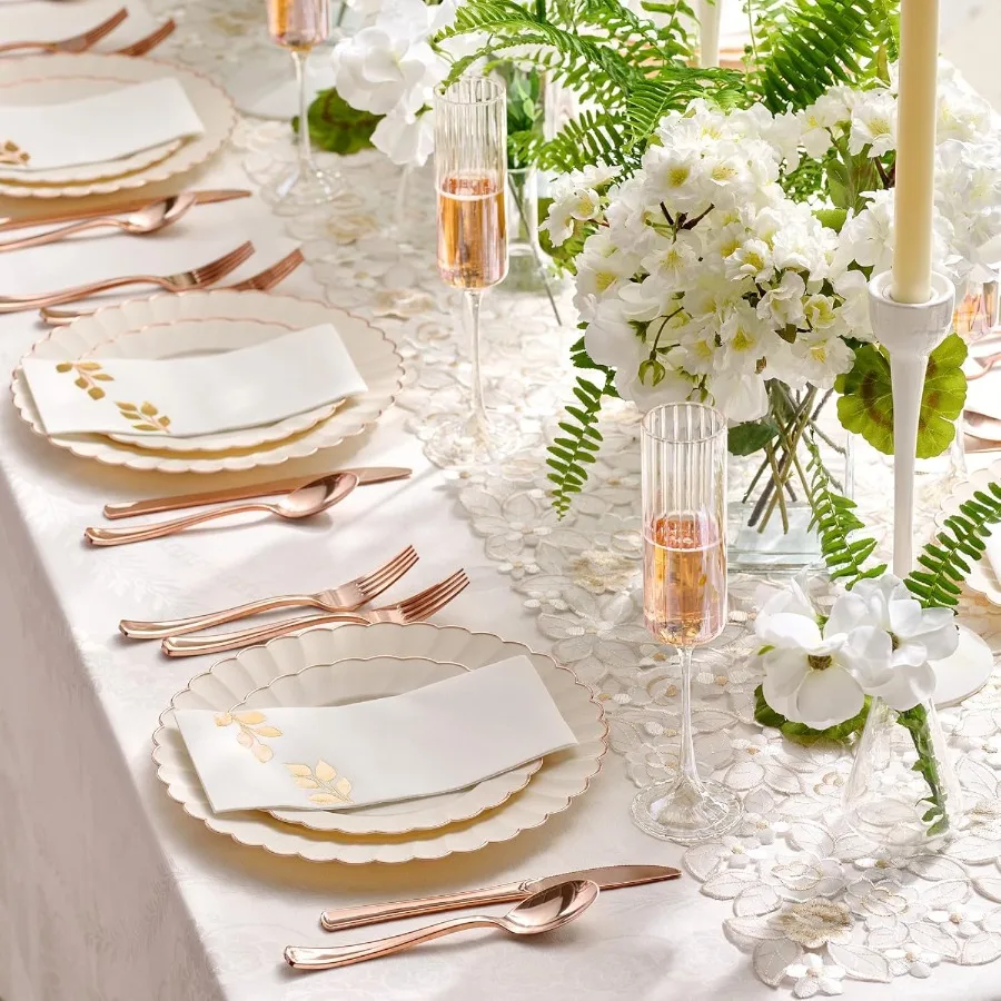 60 قطعة من أطباق العاج الثقيلة مع حواف ذهبية وردية اللون 30 عشاء 30 طبق حلوى مثالي لحفلات الزفاف وحفلات استقبال المولود الجديد