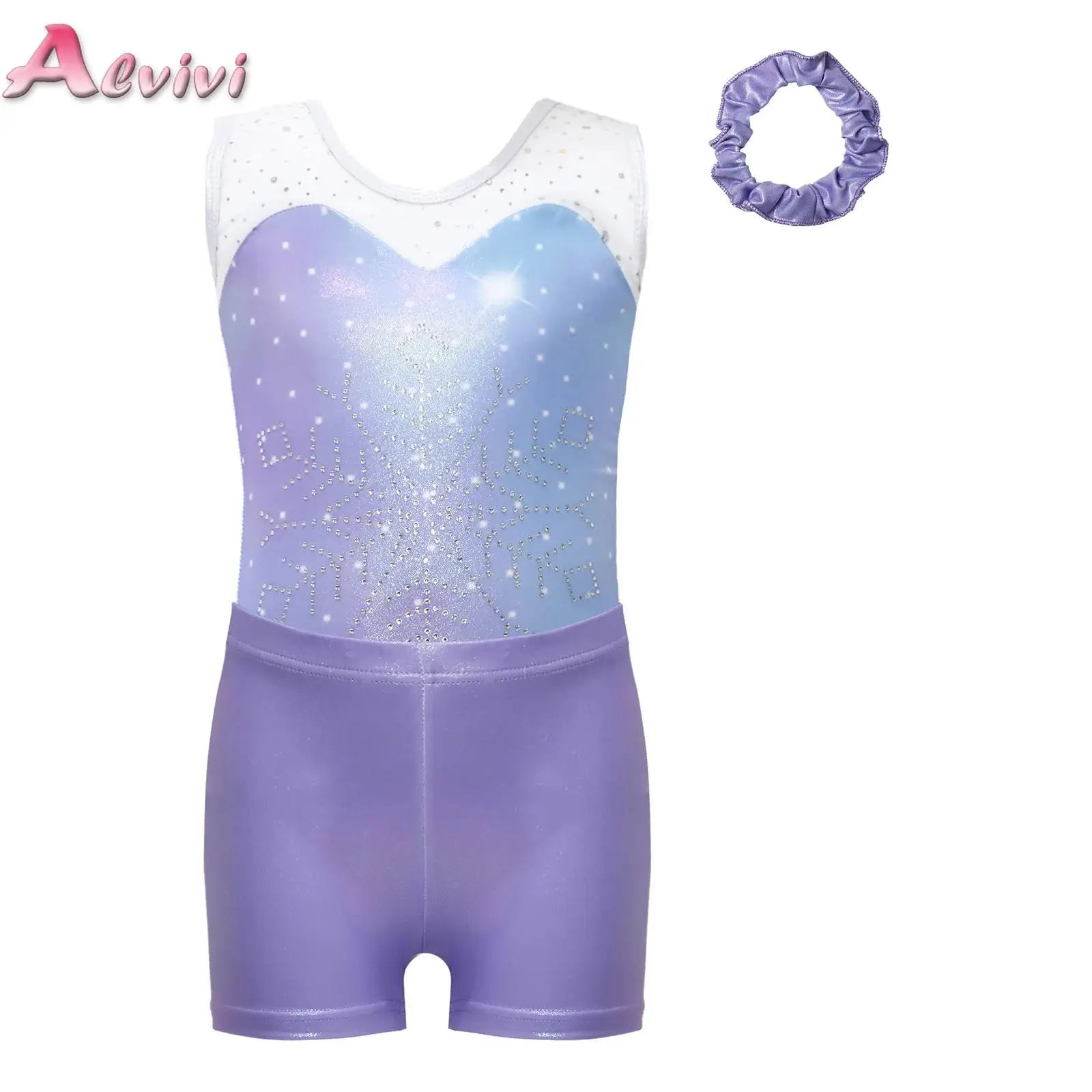 

Kids Girls Rhinestone Snowflake Gymnastics Dance Outfit Sleeveless Mesh Shiny Sequin Metallic Leotard with Shots Hairband Suit