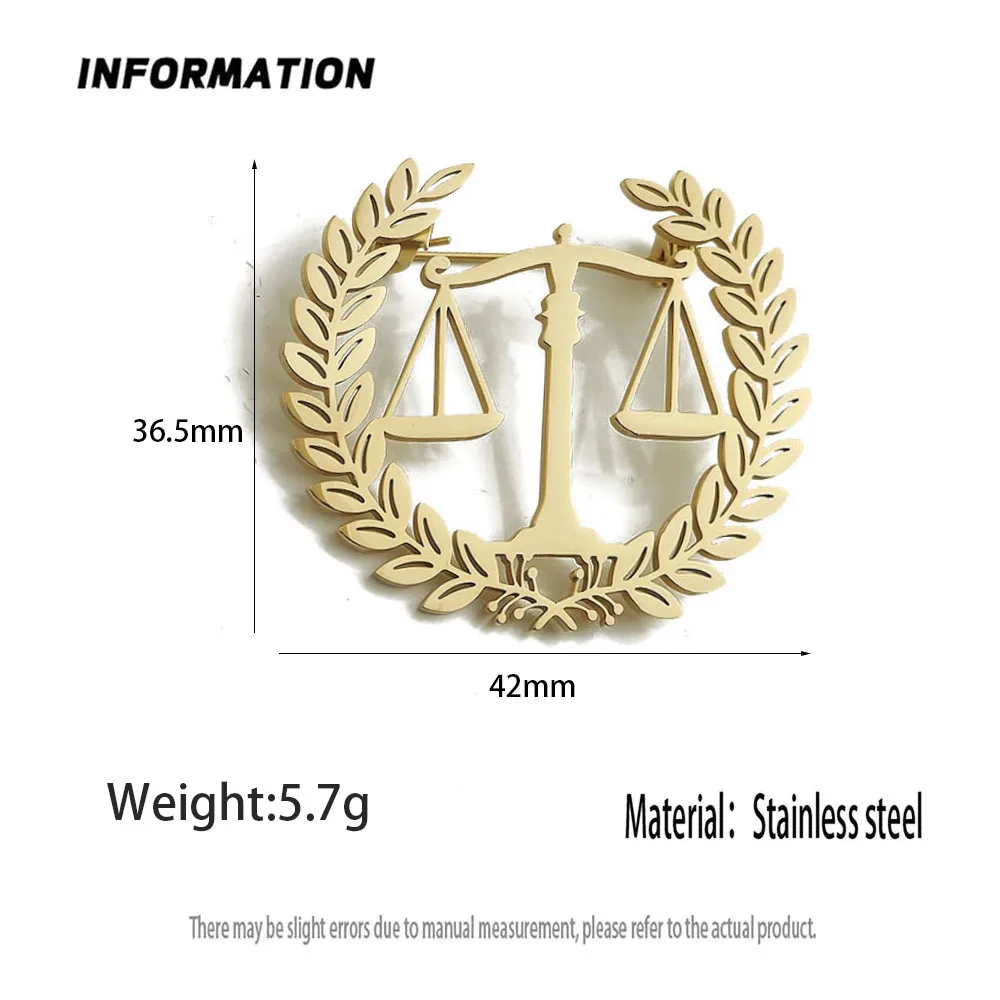 Original fair and justice balance hollow stainless steel gold-plated 18K brooch, suit lapel pin, waterproof formal fittings
