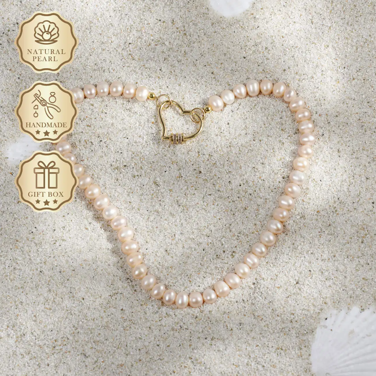 

MYSOYA Pink Freshwater Pearl Necklace 8–9mm with Gold Heart Clasp, Gift Box, Ideal Birthday & Anniversary Gift